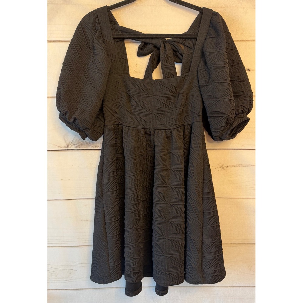 Free People Black Textured Jacquard Puff Sleeve Open Back Tie Mini Dress XS